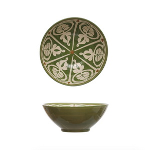 Hand Painted Green & Brown Serving Bowl