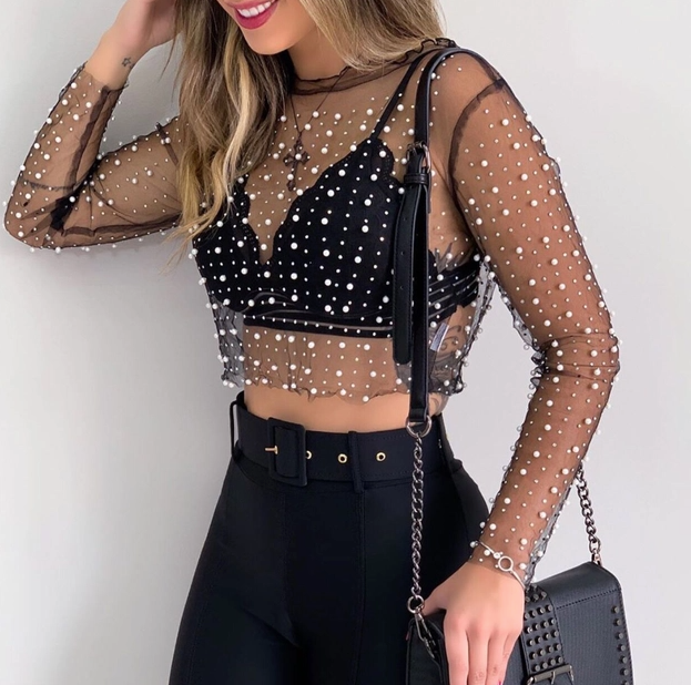 Pearl Rhinestone Pearl Mesh Top