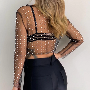 Pearl Rhinestone Pearl Mesh Top