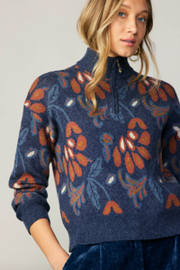 Floral Jacquard Quarter Zip Sweater