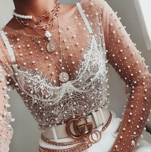 Pearl Rhinestone Pearl Mesh Top