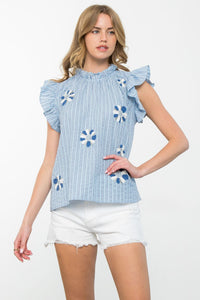 Blue Flower Embroidered Sleeveless Top